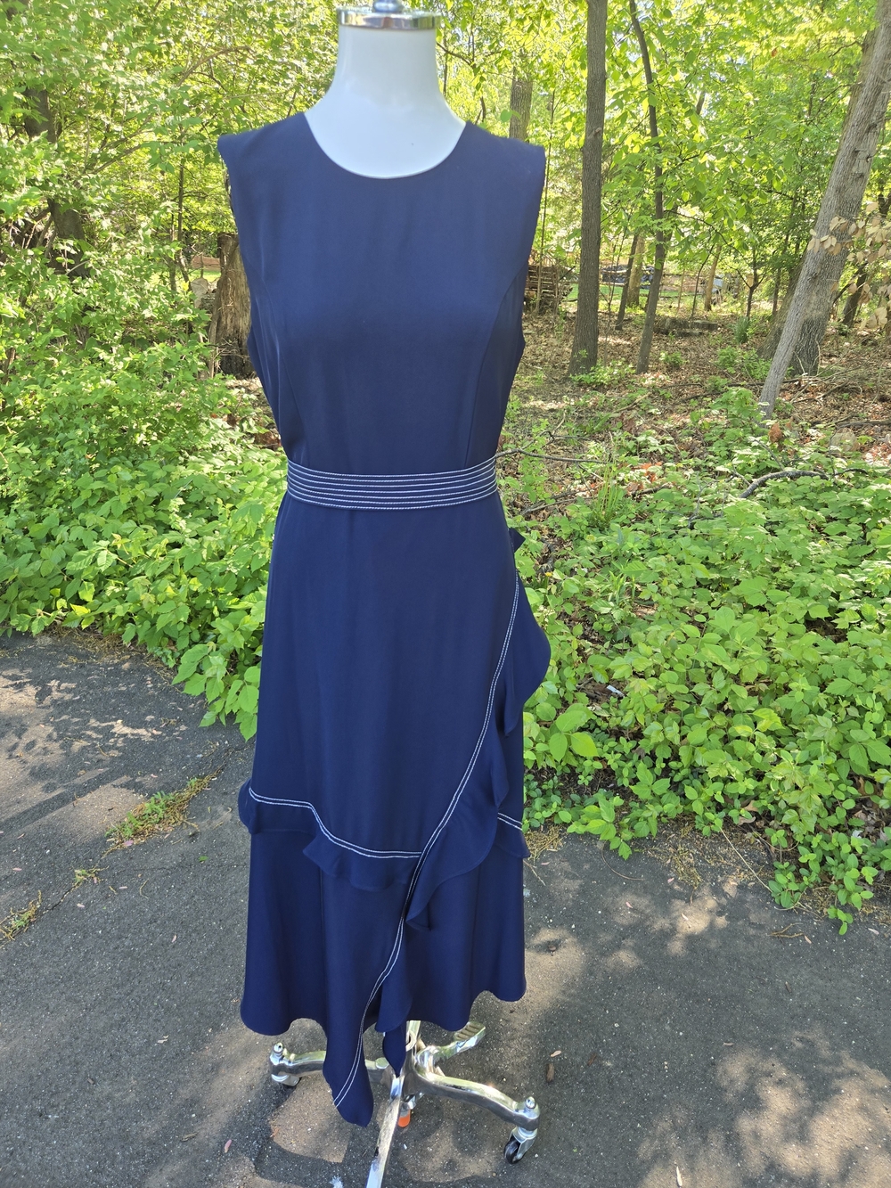 Calvin Klein Navy Sleeveless Midi Dress with Ruffle Trim